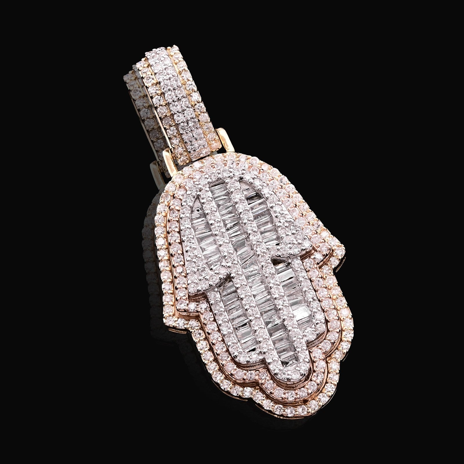 10k Tri - Color Gold 7.2gm 1.05 CTW Real Round/Baguette Diamond Hamsa Hand Pendant - Elite Jewelers - Charms & Pendants