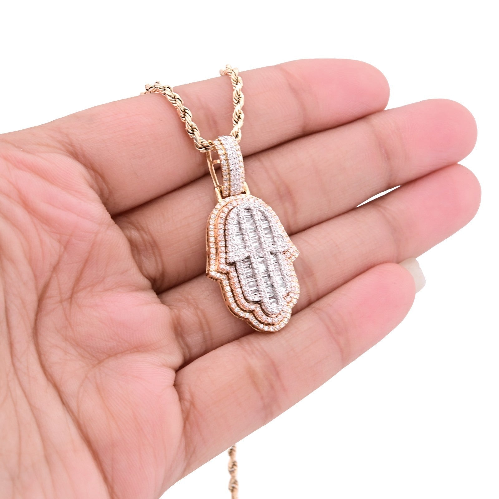 10k Tri - Color Gold 7.2gm 1.05 CTW Real Round/Baguette Diamond Hamsa Hand Pendant - Elite Jewelers - Charms & Pendants