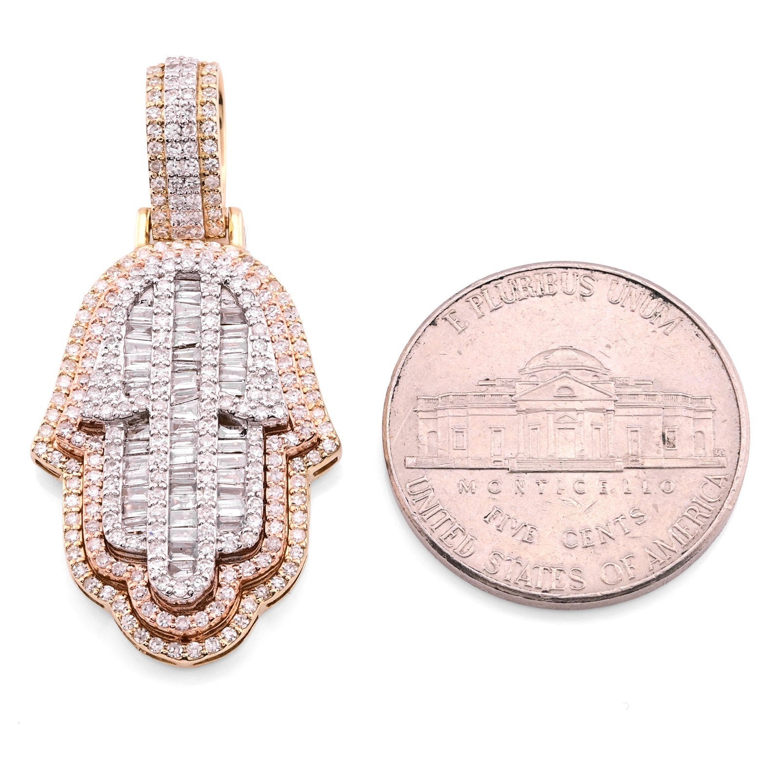 10k Tri - Color Gold 7.2gm 1.05 CTW Real Round/Baguette Diamond Hamsa Hand Pendant - Elite Jewelers - Charms & Pendants