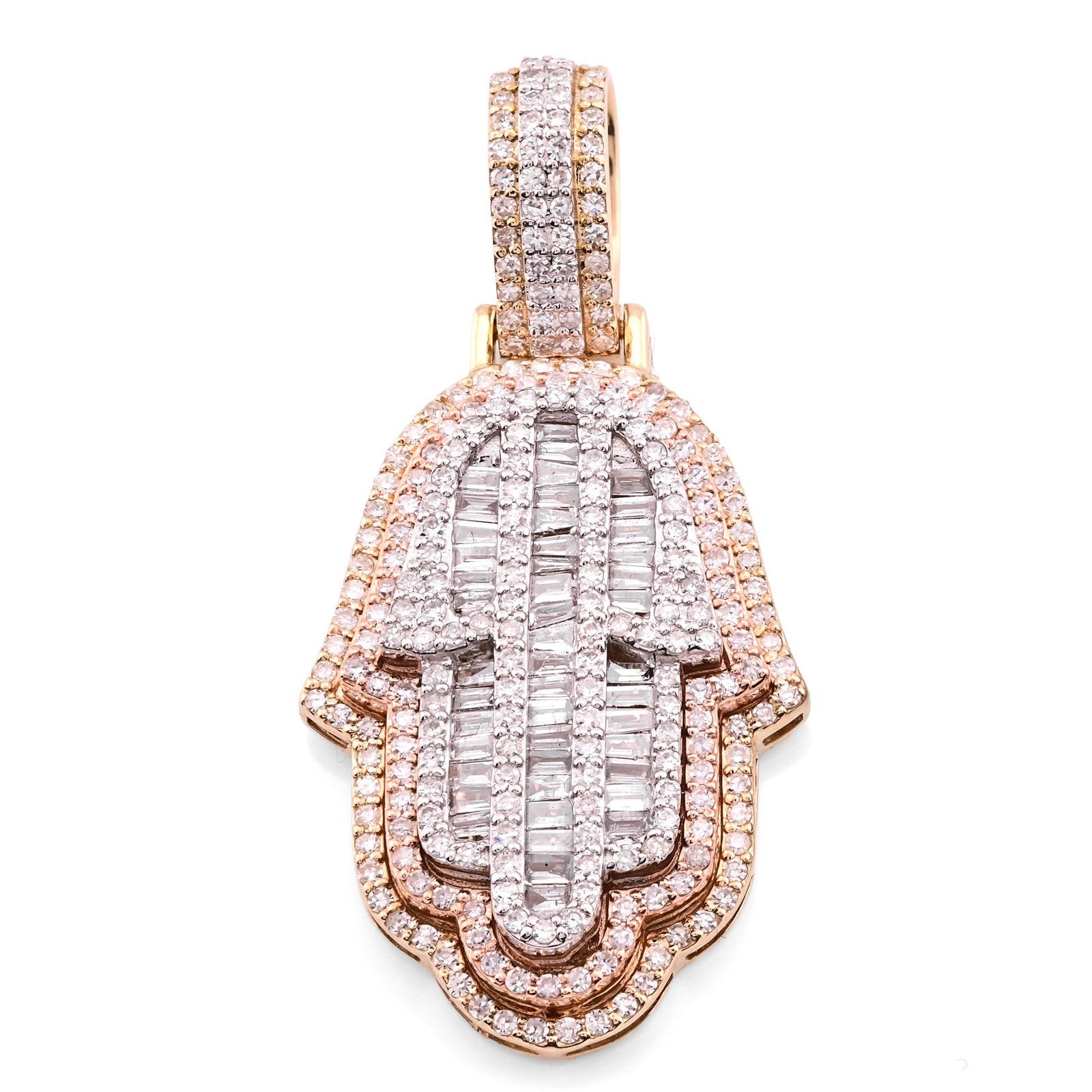 10k Tri - Color Gold 7.2gm 1.05 CTW Real Round/Baguette Diamond Hamsa Hand Pendant - Elite Jewelers - Charms & Pendants
