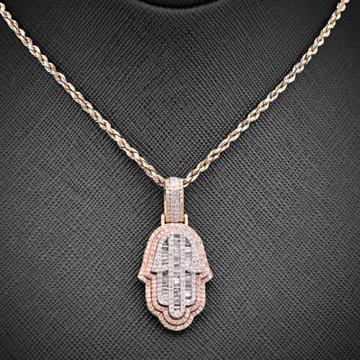10k Tri - Color Gold 7.2gm 1.05 CTW Real Round/Baguette Diamond Hamsa Hand Pendant - Elite Jewelers - Charms & Pendants