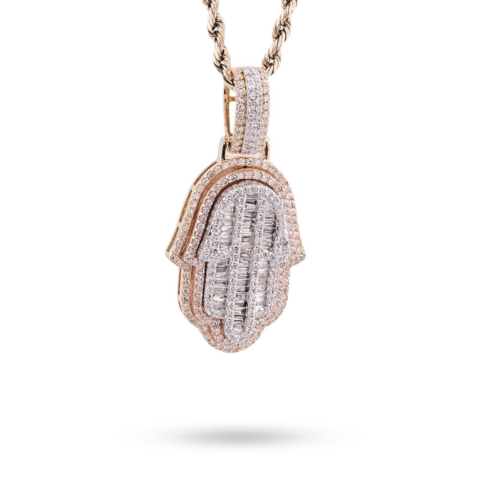 10k Tri - Color Gold 7.2gm 1.05 CTW Real Round/Baguette Diamond Hamsa Hand Pendant - Elite Jewelers - Charms & Pendants