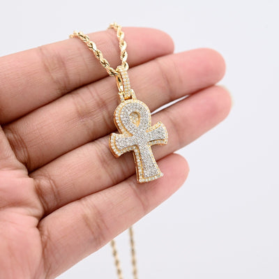 10k Two Tone Gold 0.88CTW Natural Diamond Egyptian Ankh Cross Pendant 5.1g Charm - Elite Jewelers - Charms & Pendants