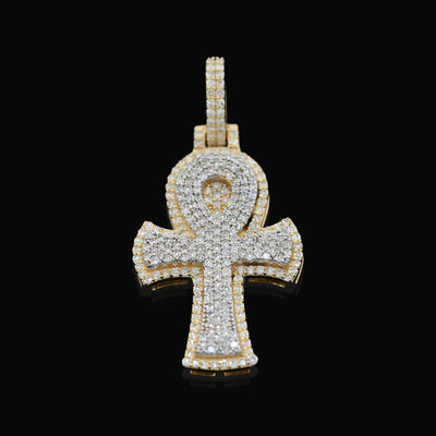 10k Two Tone Gold 0.88CTW Natural Diamond Egyptian Ankh Cross Pendant 5.1g Charm - Elite Jewelers - Charms & Pendants