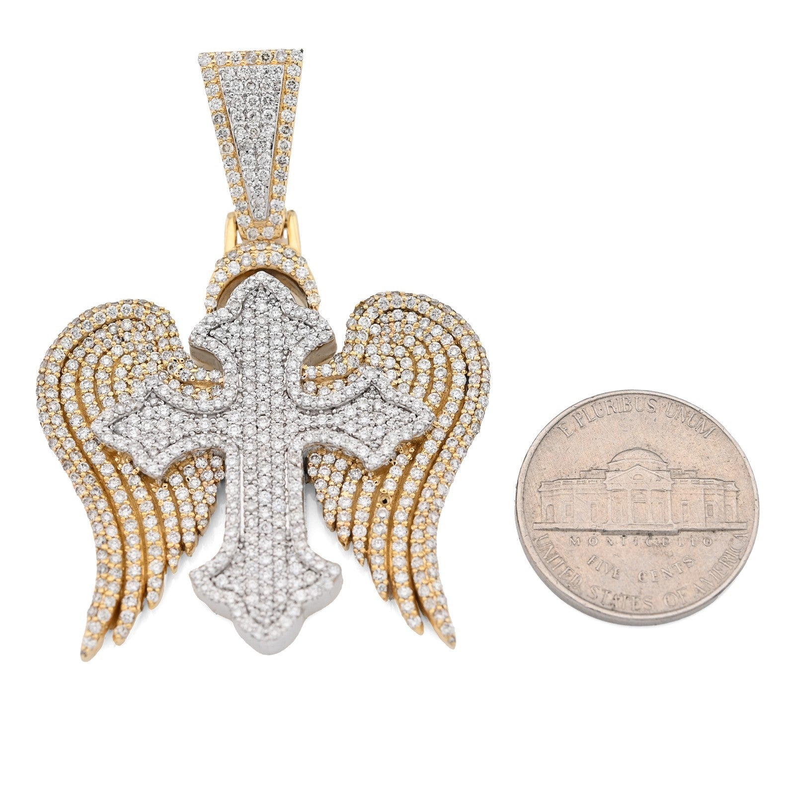 10k Two Tone Gold 4.3CTW Natural Diamond 3D Angel Wings Cross Pendant 21g Charm - Elite Jewelers - Charms & Pendants