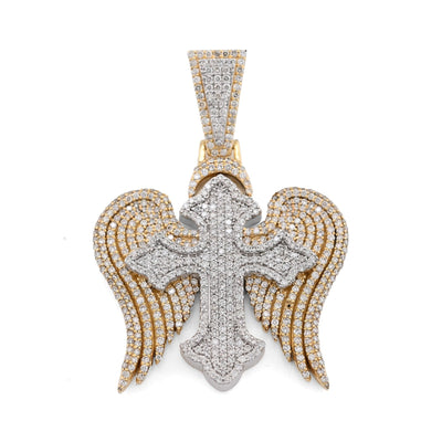 10k Two Tone Gold 4.3CTW Natural Diamond 3D Angel Wings Cross Pendant 21g Charm - Elite Jewelers - Charms & Pendants