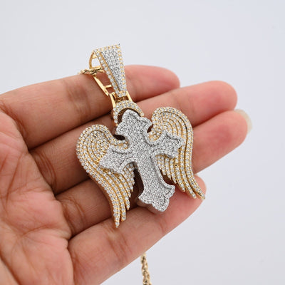 10k Two Tone Gold 4.3CTW Natural Diamond 3D Angel Wings Cross Pendant 21g Charm - Elite Jewelers - Charms & Pendants
