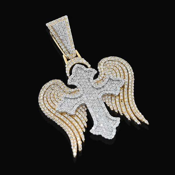 10k Two Tone Gold 4.3CTW Natural Diamond 3D Angel Wings Cross Pendant 21g Charm - Elite Jewelers - Charms & Pendants