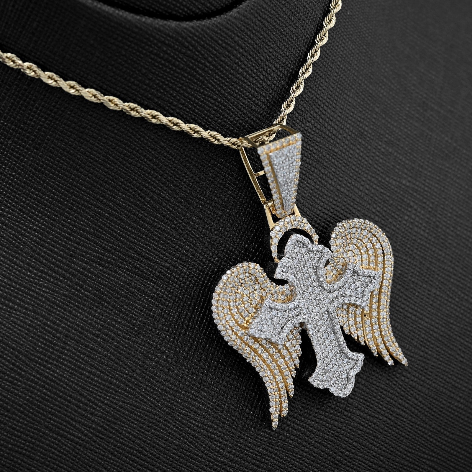 10k Two Tone Gold 4.3CTW Natural Diamond 3D Angel Wings Cross Pendant 21g Charm - Elite Jewelers - Charms & Pendants