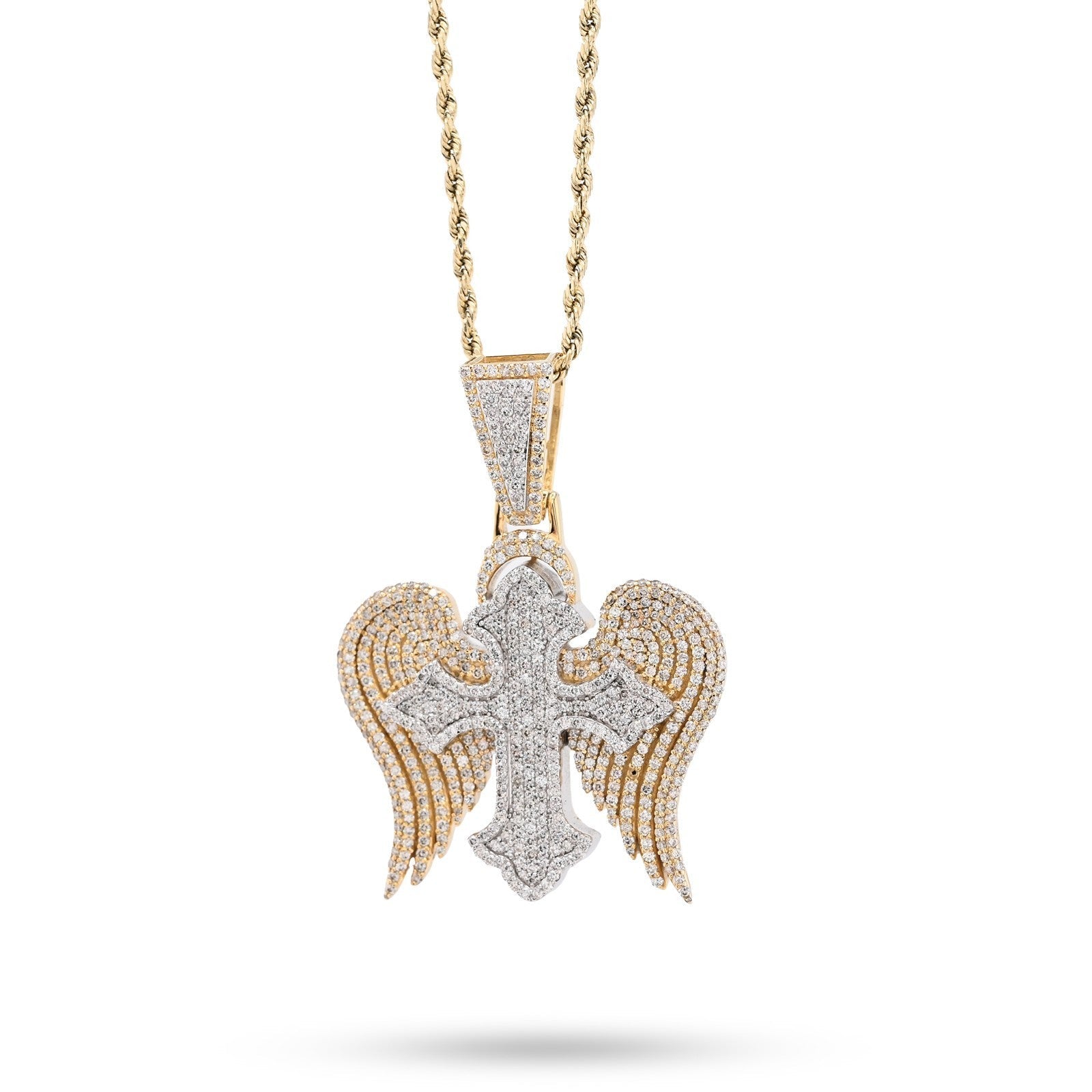 10k Two Tone Gold 4.3CTW Natural Diamond 3D Angel Wings Cross Pendant 21g Charm - Elite Jewelers - Charms & Pendants