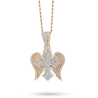 10k Two Tone Gold 4.3CTW Natural Diamond 3D Angel Wings Cross Pendant 21g Charm - Elite Jewelers - Charms & Pendants