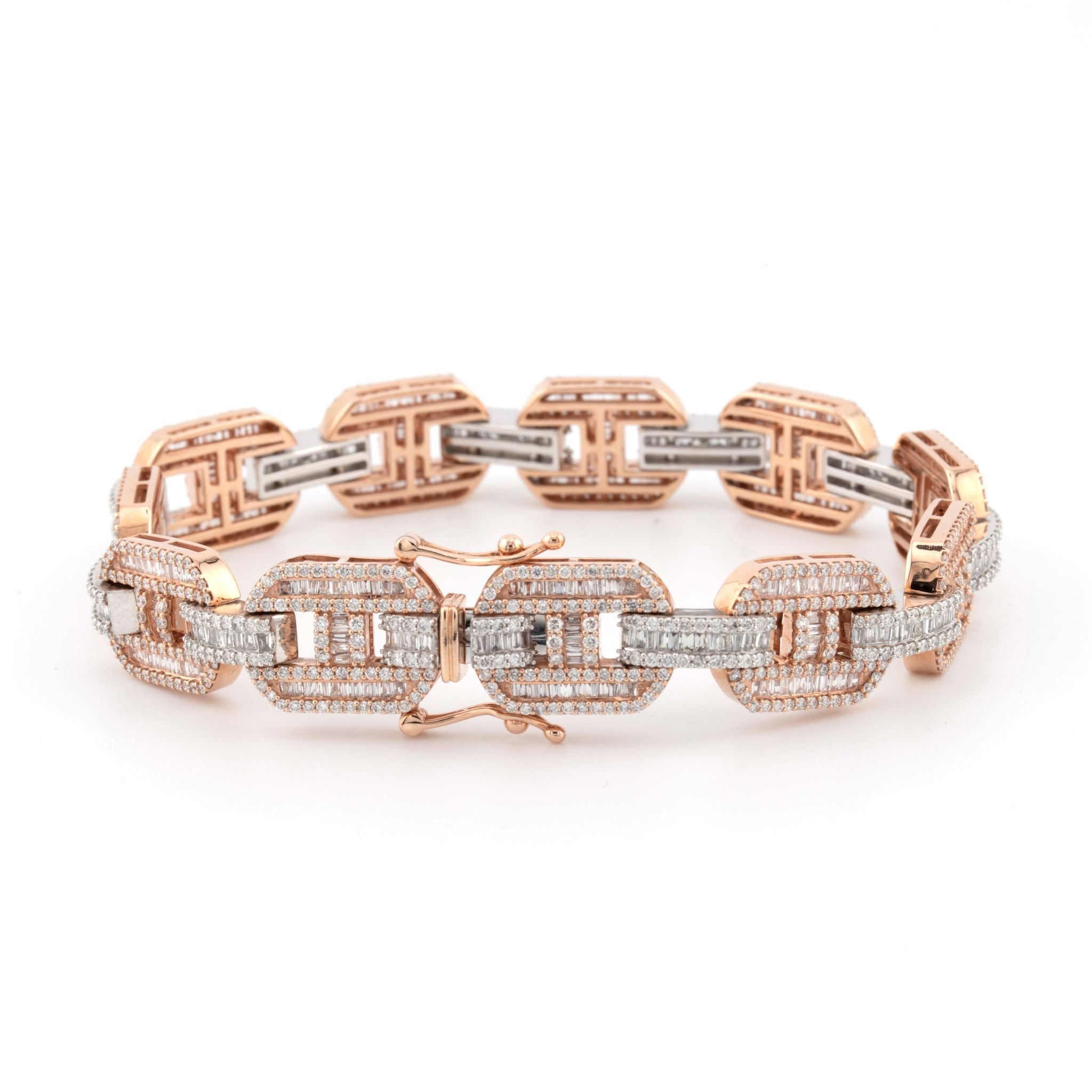 10K Two Tone Rose / White Gold Mariner Link 7.72CT Diamond Bracelet Baguette and Round Diamonds - Elite Jewelers - Bracelets
