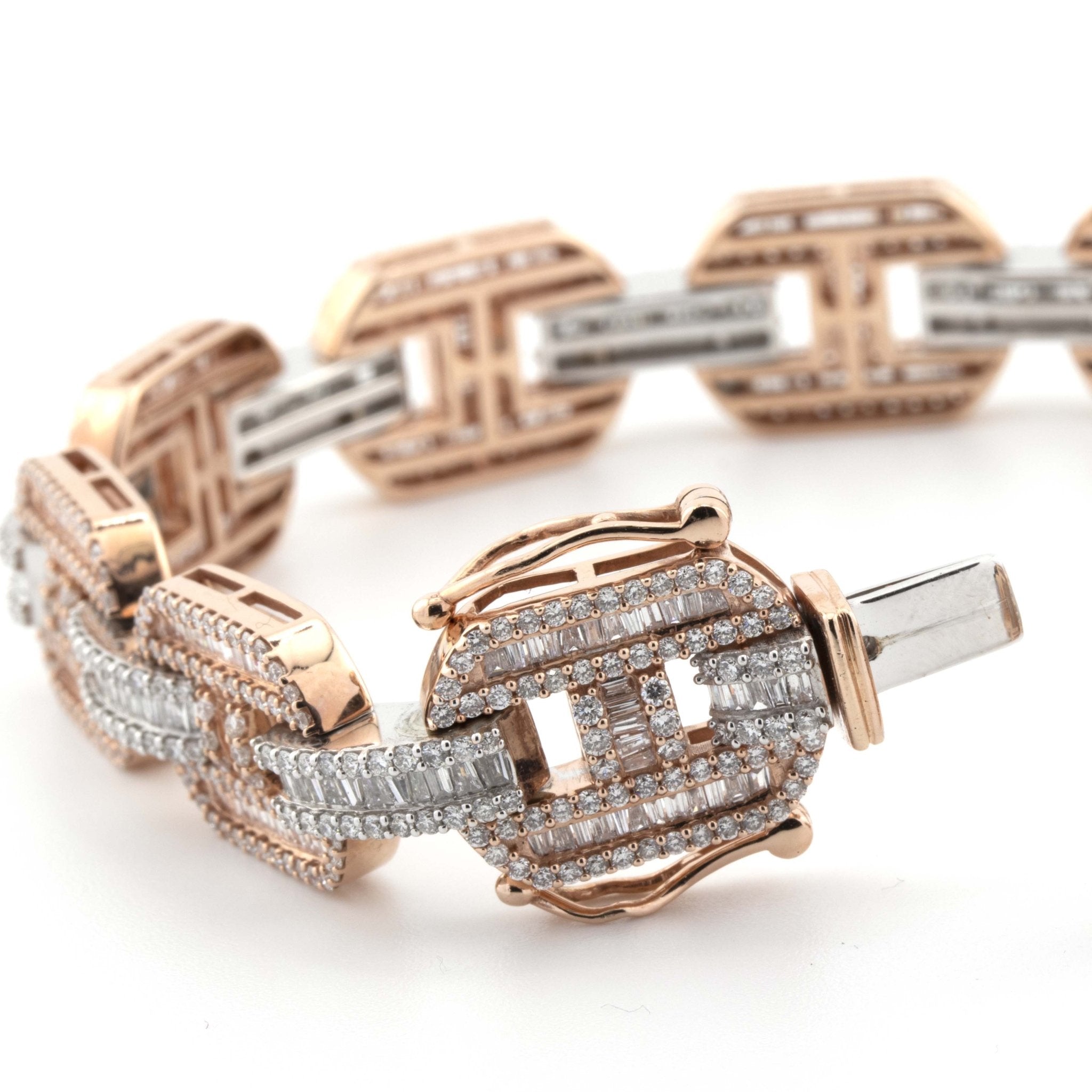 10K Two Tone Rose / White Gold Mariner Link 7.72CT Diamond Bracelet Baguette and Round Diamonds - Elite Jewelers - Bracelets