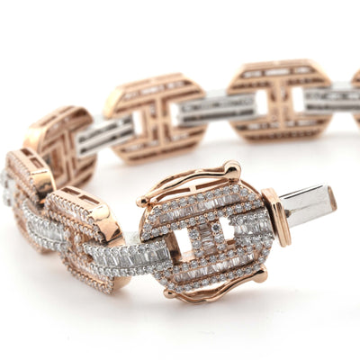 10K Two Tone Rose / White Gold Mariner Link 7.72CT Diamond Bracelet Baguette and Round Diamonds - Elite Jewelers - Bracelets