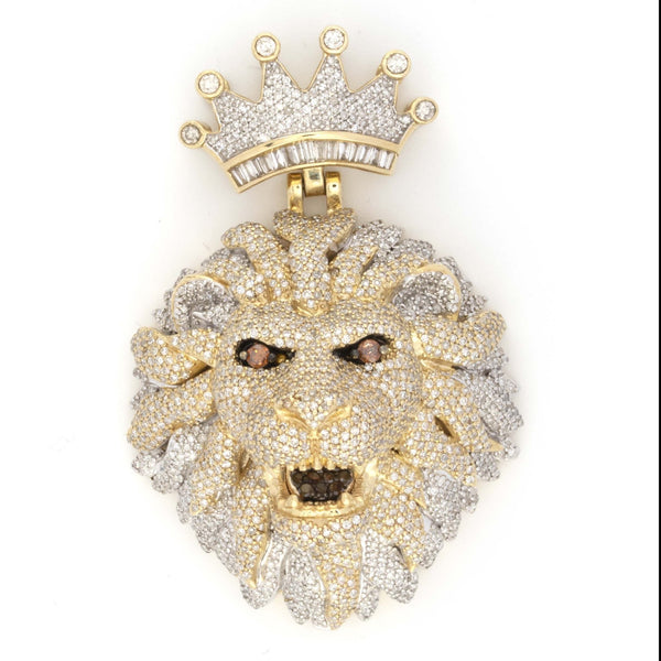 10K Two Toned Yellow and White Lion Head with Baguettes and Round Diamonds Brown Eyes and Tongue Pendant 2.2" - Elite Jewelers - Charms & Pendants