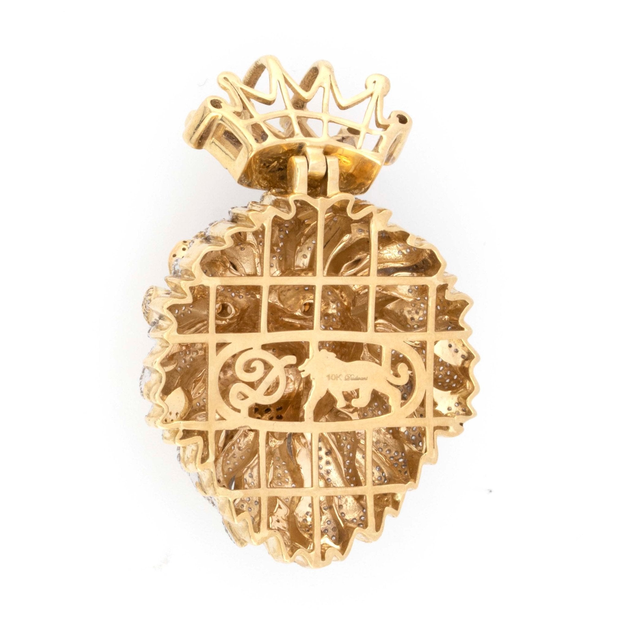 10K Two Toned Yellow and White Lion Head with Baguettes and Round Diamonds Brown Eyes and Tongue Pendant 2.2" - Elite Jewelers - Charms & Pendants