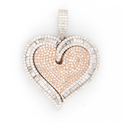 10K TwoTone Rose White Gold Baguette and Round 3D Heart 1.60CT Diamond Pendant 1.5" - Elite Jewelers - Charms & Pendants