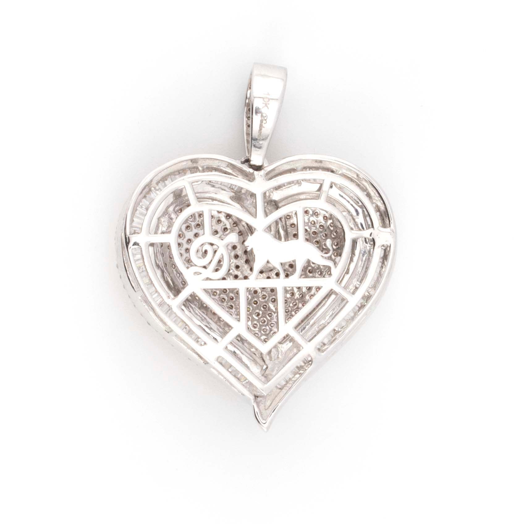 10K TwoTone Rose White Gold Baguette and Round 3D Heart 1.60CT Diamond Pendant 1.5" - Elite Jewelers - Charms & Pendants