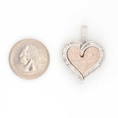 10K TwoTone Rose White Gold Baguette and Round 3D Heart 1.60CT Diamond Pendant 1.5" - Elite Jewelers - Charms & Pendants