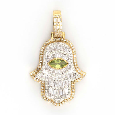 10K TwoTone Yellow White Gold Baguette Round Diamond Green Evil Eye Hamza 2.45CT Diamond Pendant 1.5" - Elite Jewelers - Charms & Pendants