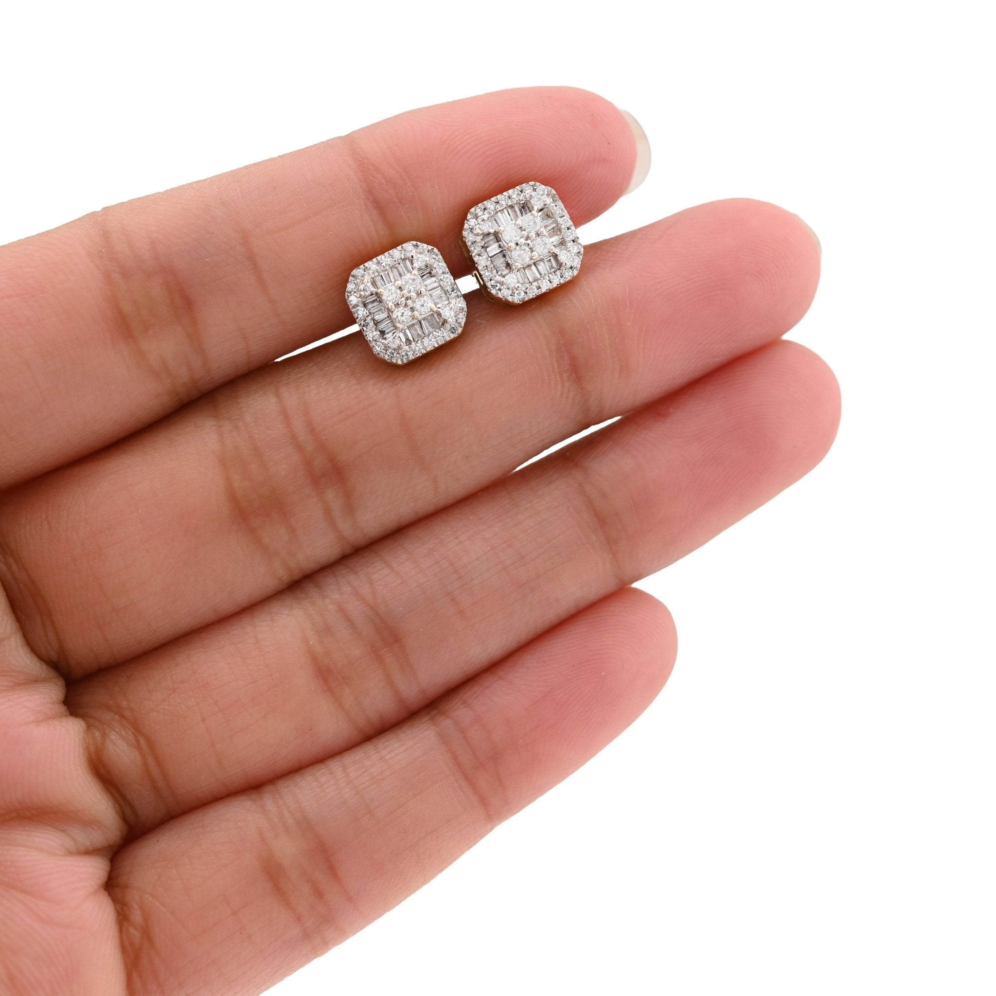 10K White Gold 0.22CT Natural Diamond Round/Baguette Rectangular Shape Men Women Earrings Stud - Elite Jewelers - Earrings