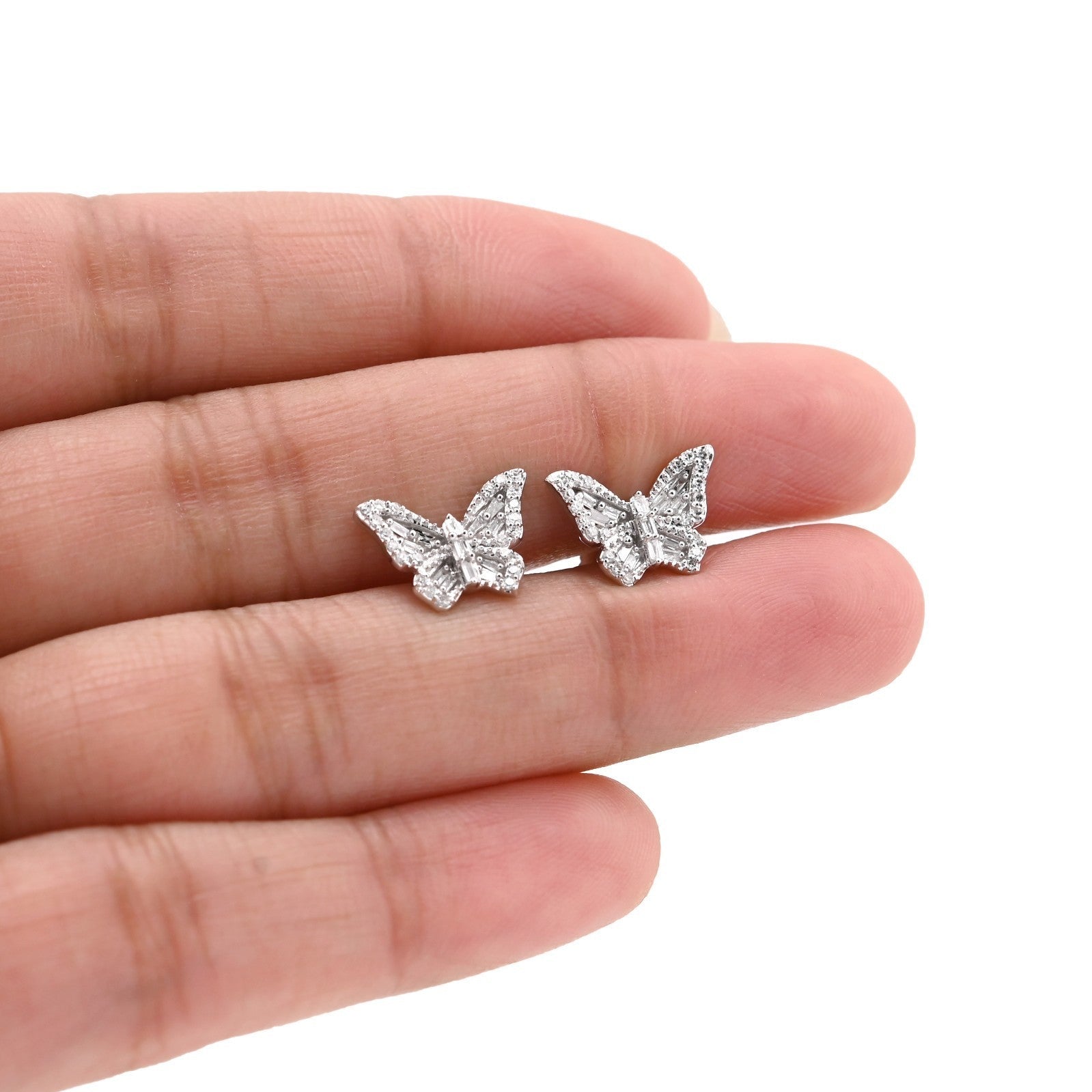 10k White Gold 0.27CTW Natural Diamond Round/Baguette Butterfly Studs Earring - Elite Jewelers - Earrings