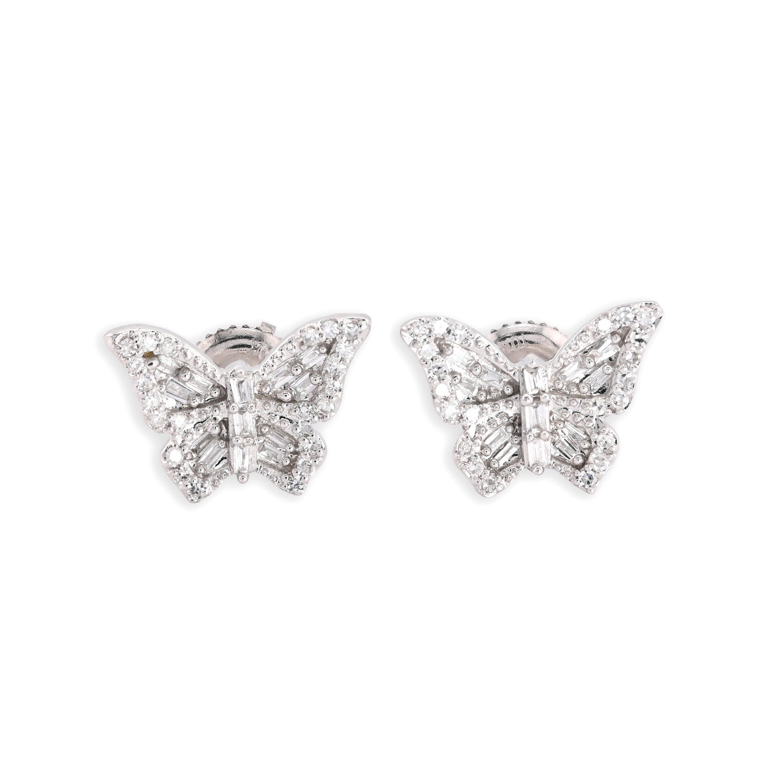 10k White Gold 0.27CTW Natural Diamond Round/Baguette Butterfly Studs Earring - Elite Jewelers - Earrings