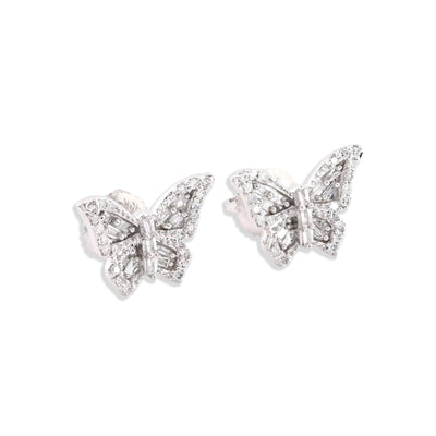 10k White Gold 0.27CTW Natural Diamond Round/Baguette Butterfly Studs Earring - Elite Jewelers - Earrings