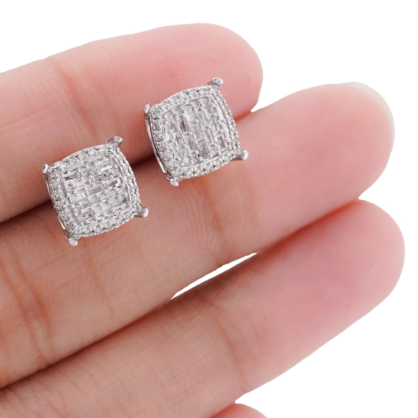 10K White Gold 0.33CT Square Shape Baguette Centre Halo Natural Diamond Women earrings - Elite Jewelers-Earrings
