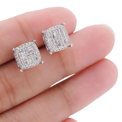 10K White Gold 0.33CT Square Shape Baguette Centre Halo Natural Diamond Women earrings - Elite Jewelers-Earrings