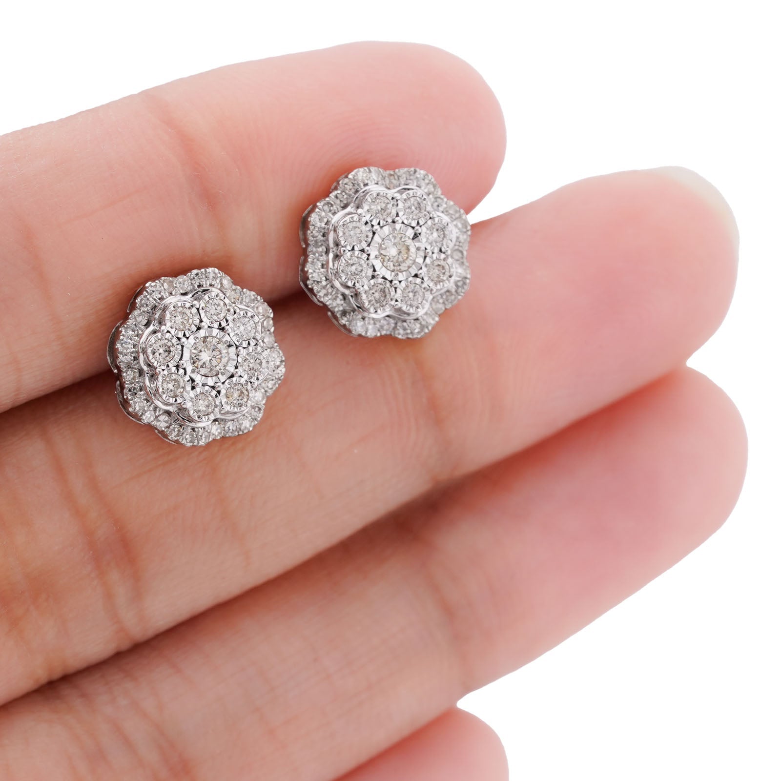 10K White Gold 0.50CT Flower Setting Natural Diamond Men Women Earring Studs - Elite Jewelers-Earrings