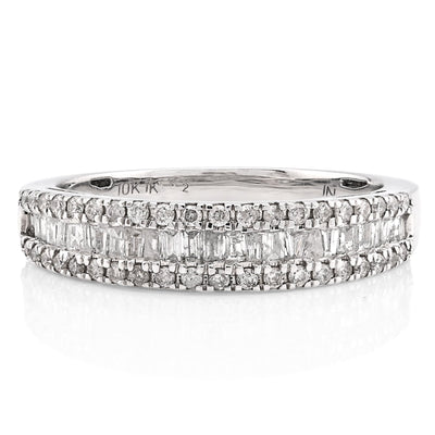10K White Gold 0.50CT Natural Dimaond Round/Baguette Women Band Ring - Elite Jewelers - Rings