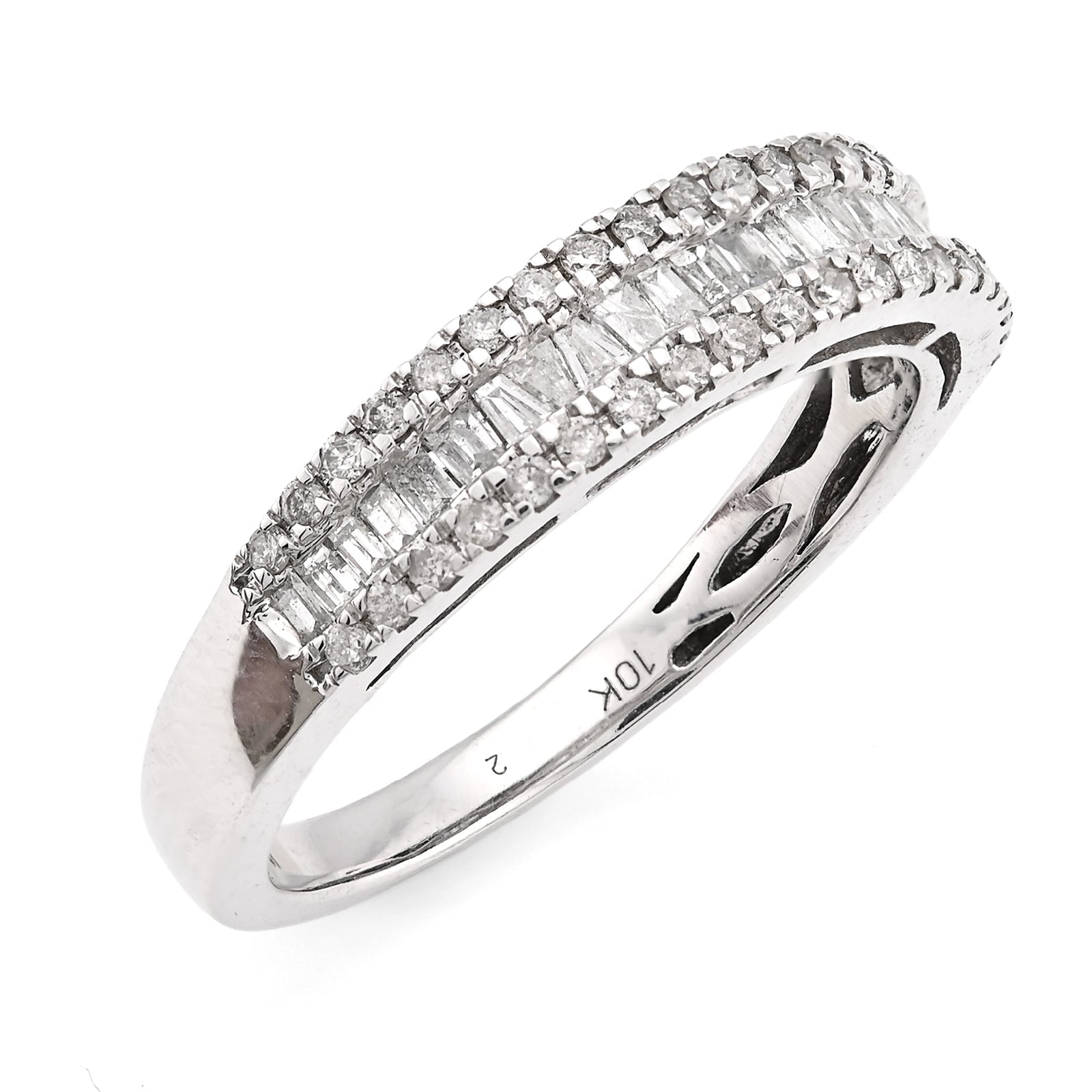 10K White Gold 0.50CT Natural Dimaond Round/Baguette Women Band Ring - Elite Jewelers - Rings