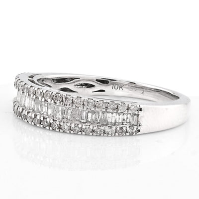 10K White Gold 0.50CT Natural Dimaond Round/Baguette Women Band Ring - Elite Jewelers - Rings