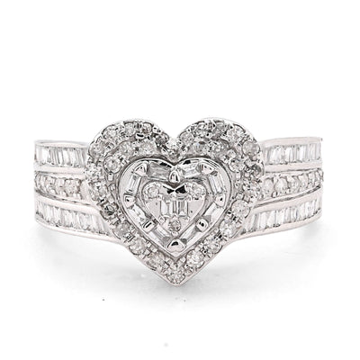 10K White Gold 0.75CT Natural Diamond Round/Baguette Triple Heart Shape Women Ring - Elite Jewelers - Rings