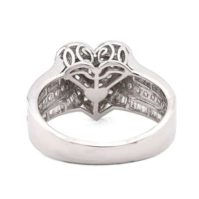 10K White Gold 0.75CT Natural Diamond Round/Baguette Triple Heart Shape Women Ring - Elite Jewelers - Rings
