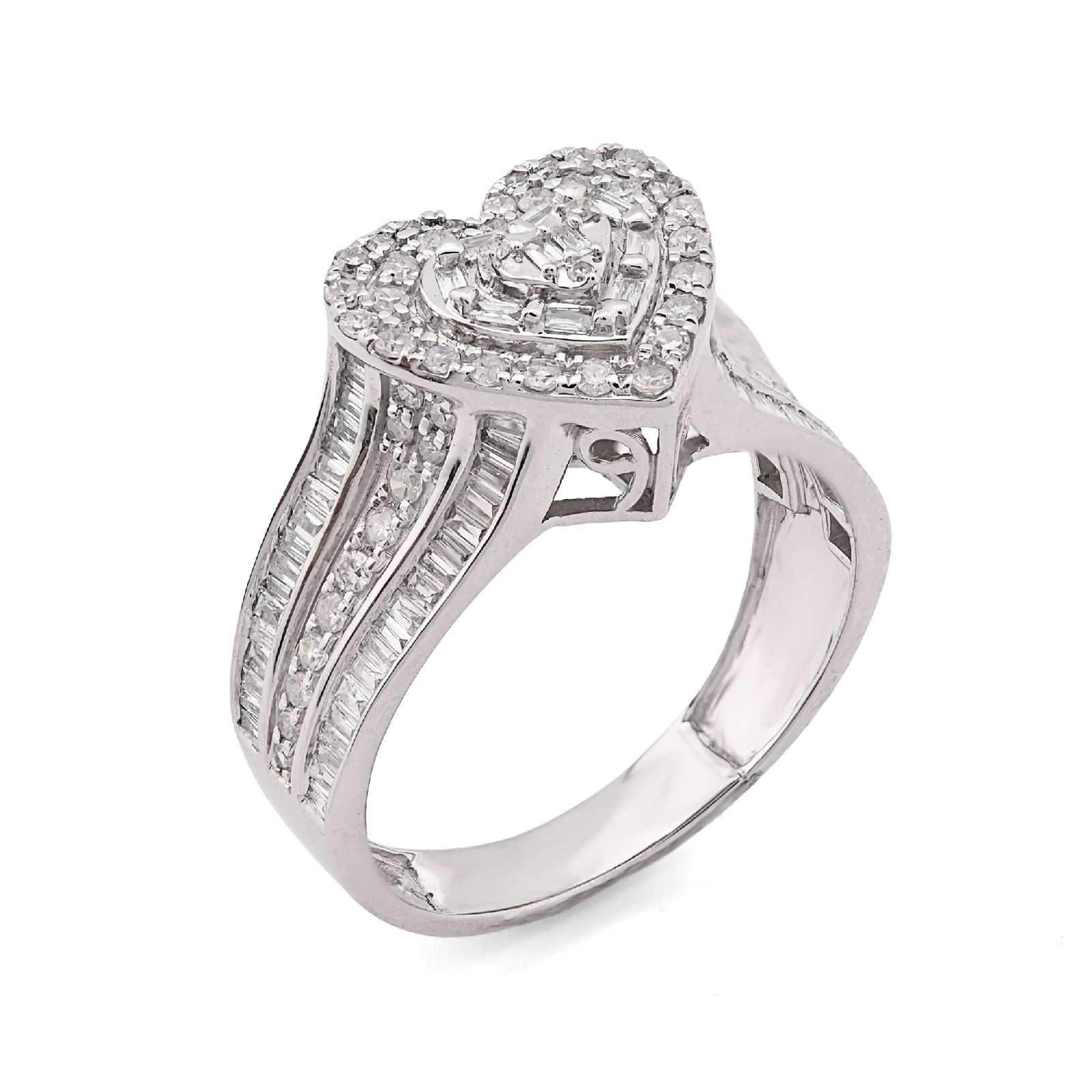 10K White Gold 0.75CT Natural Diamond Round/Baguette Triple Heart Shape Women Ring - Elite Jewelers - Rings