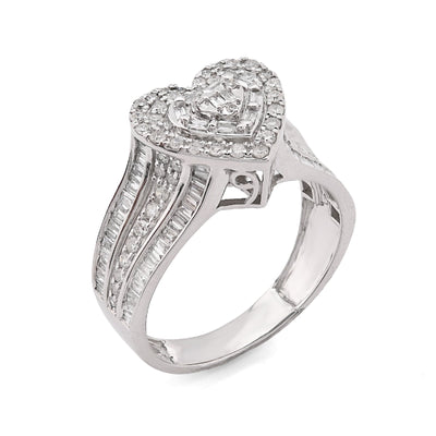 10K White Gold 0.75CT Natural Diamond Round/Baguette Triple Heart Shape Women Ring - Elite Jewelers - Rings