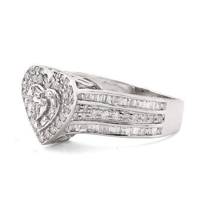 10K White Gold 0.75CT Natural Diamond Round/Baguette Triple Heart Shape Women Ring - Elite Jewelers - Rings