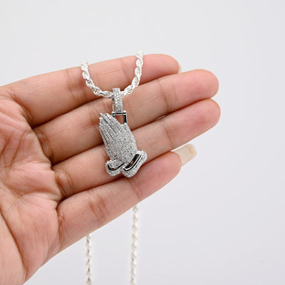 10k White Gold 1 CTW Natural Diamond Religious Praying Hand Pendant 5.3g Charm - Elite Jewelers - Charms & Pendants