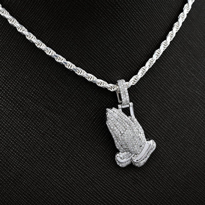 10k White Gold 1 CTW Natural Diamond Religious Praying Hand Pendant 5.3g Charm - Elite Jewelers - Charms & Pendants