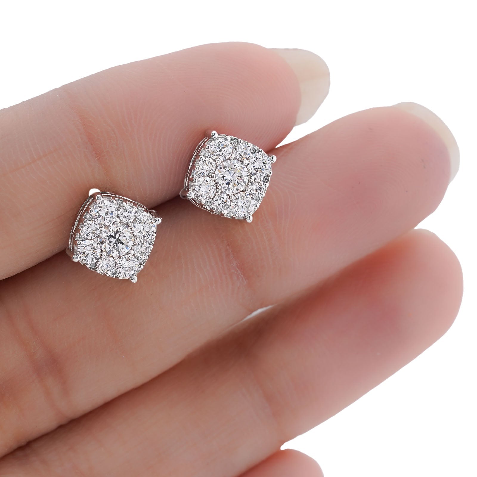 10K White Gold 1.02CT Lab Diamond Halo Cluster Centre Solitaire Men Women Earring - Elite Jewelers-Earrings
