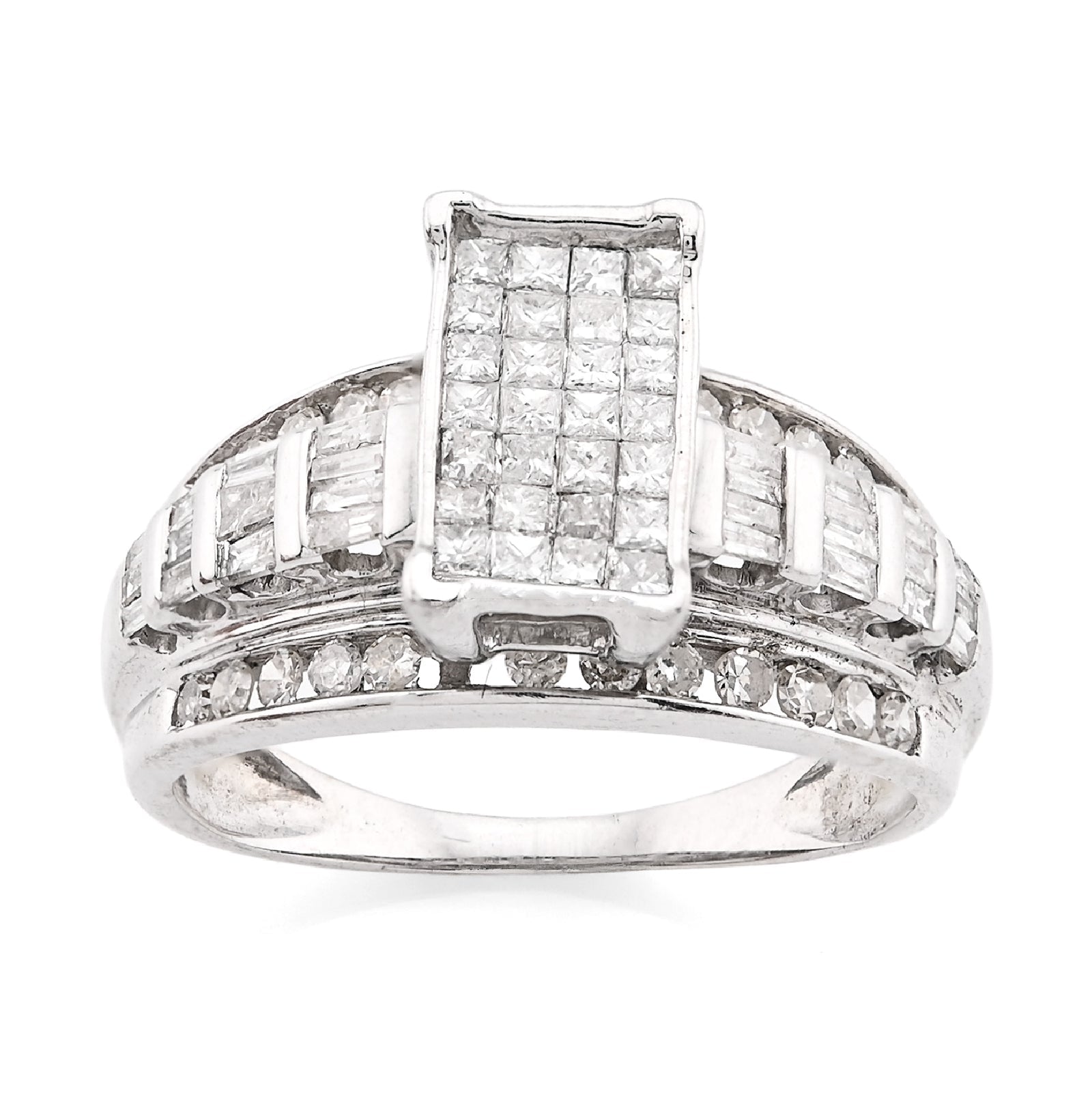 10K White Gold 1.0CT Natural Diamond Princess/Round/Baguette Rectangular Women Ring - Elite Jewelers - Rings