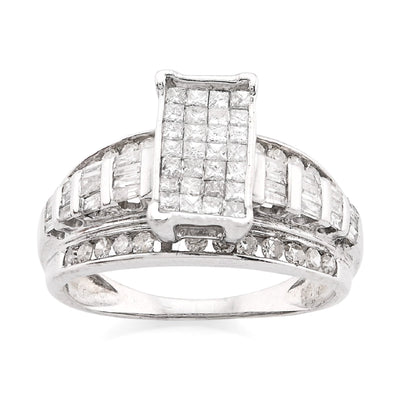 10K White Gold 1.0CT Natural Diamond Princess/Round/Baguette Rectangular Women Ring - Elite Jewelers - Rings