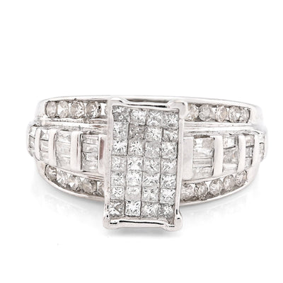 10K White Gold 1.0CT Natural Diamond Princess/Round/Baguette Rectangular Women Ring - Elite Jewelers - Rings