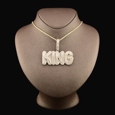 10k White Gold 10CTW Natural Round & Baguette Diamond "KING" Pendant 31.3g Charm - Elite Jewelers - Charms & Pendants