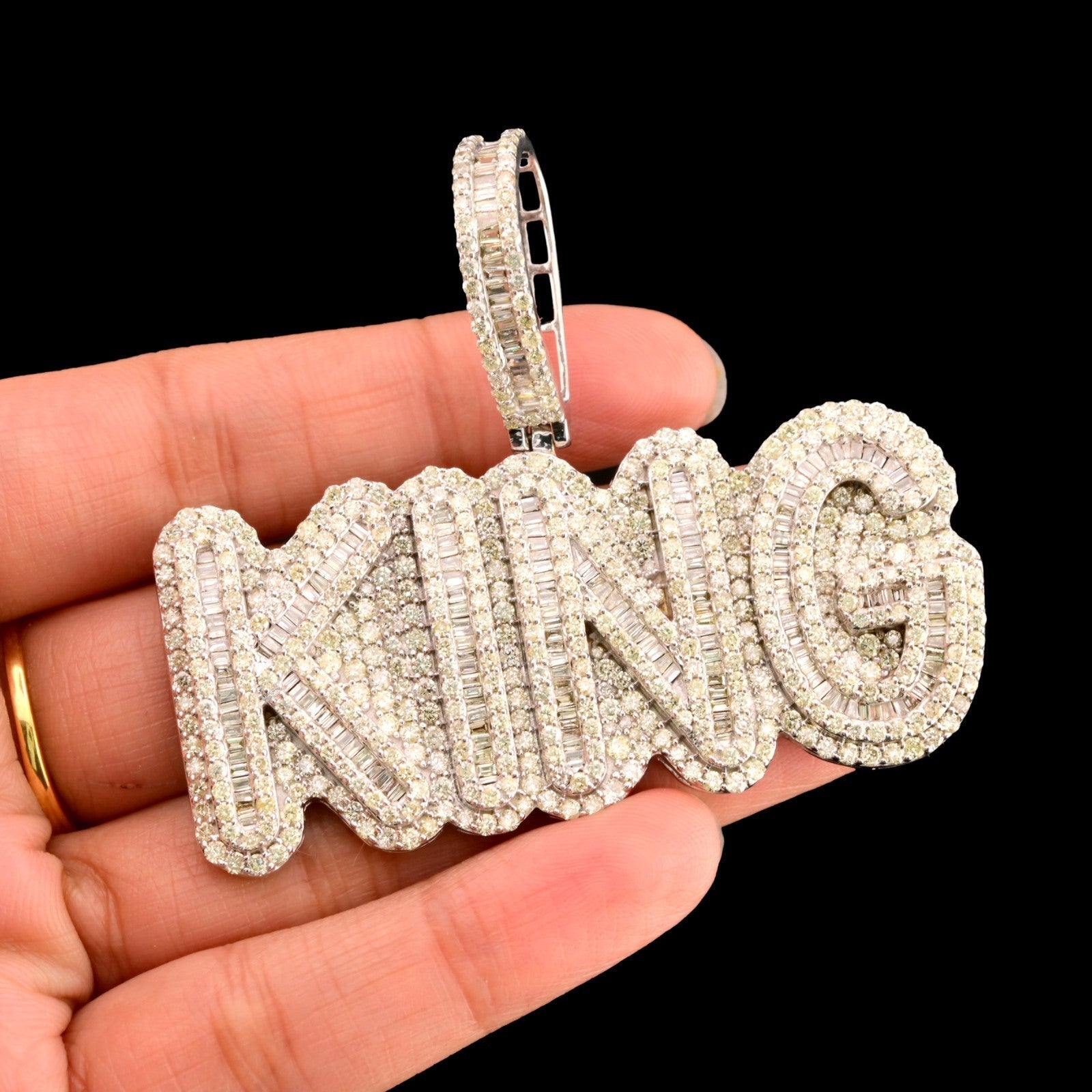 10k White Gold 10CTW Natural Round & Baguette Diamond "KING" Pendant 31.3g Charm - Elite Jewelers - Charms & Pendants