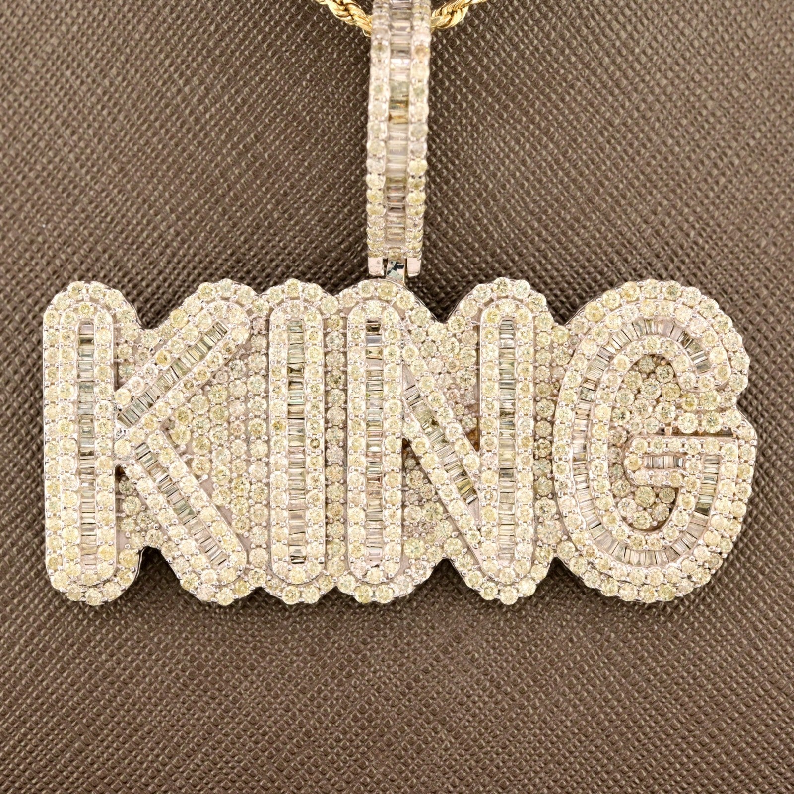10k White Gold 10CTW Natural Round & Baguette Diamond "KING" Pendant 31.3g Charm - Elite Jewelers - Charms & Pendants