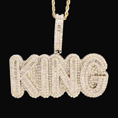 10k White Gold 10CTW Natural Round & Baguette Diamond "KING" Pendant 31.3g Charm - Elite Jewelers - Charms & Pendants