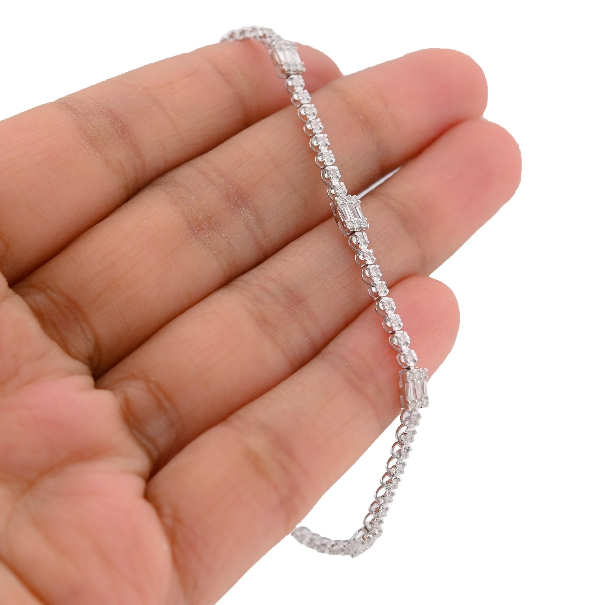 10K White Gold 1.10CT Natural Diamond Round/Baguette 7" Men Women Bracelet - Elite Jewelers - Bracelets